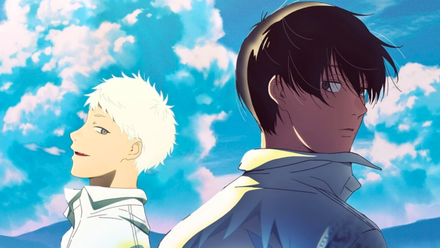 Two boys stand in front of a sunny, cloudy sky. One is shrouded in shadow, the other has the suns rays on his face. Key art from The Summer Hikaru Died.