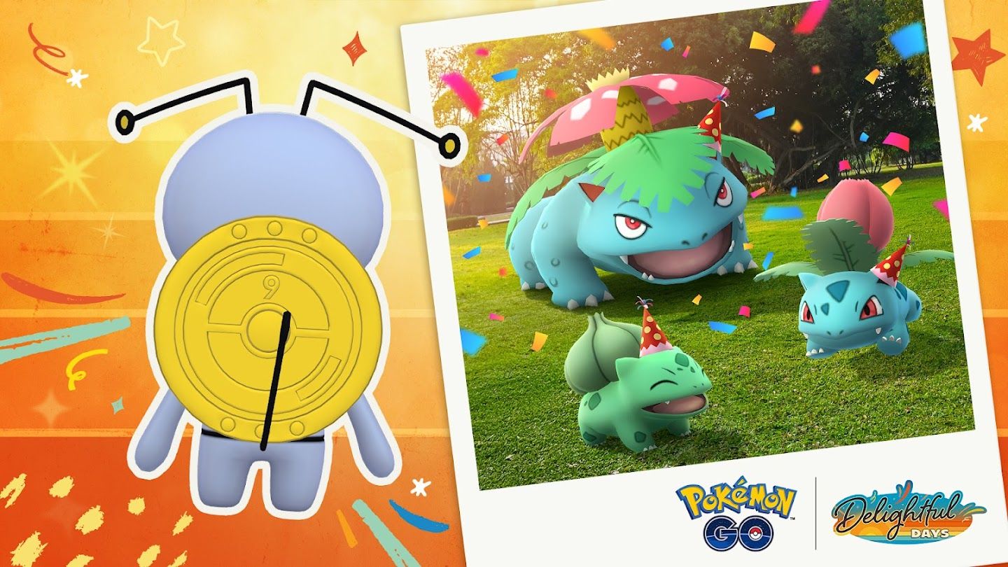 Gimmighoul showing a special 9th Anniversary Coin, as well as Bulbasaur, Ivysaur, and Venusaur wearing party hats in Pokémon Go.
