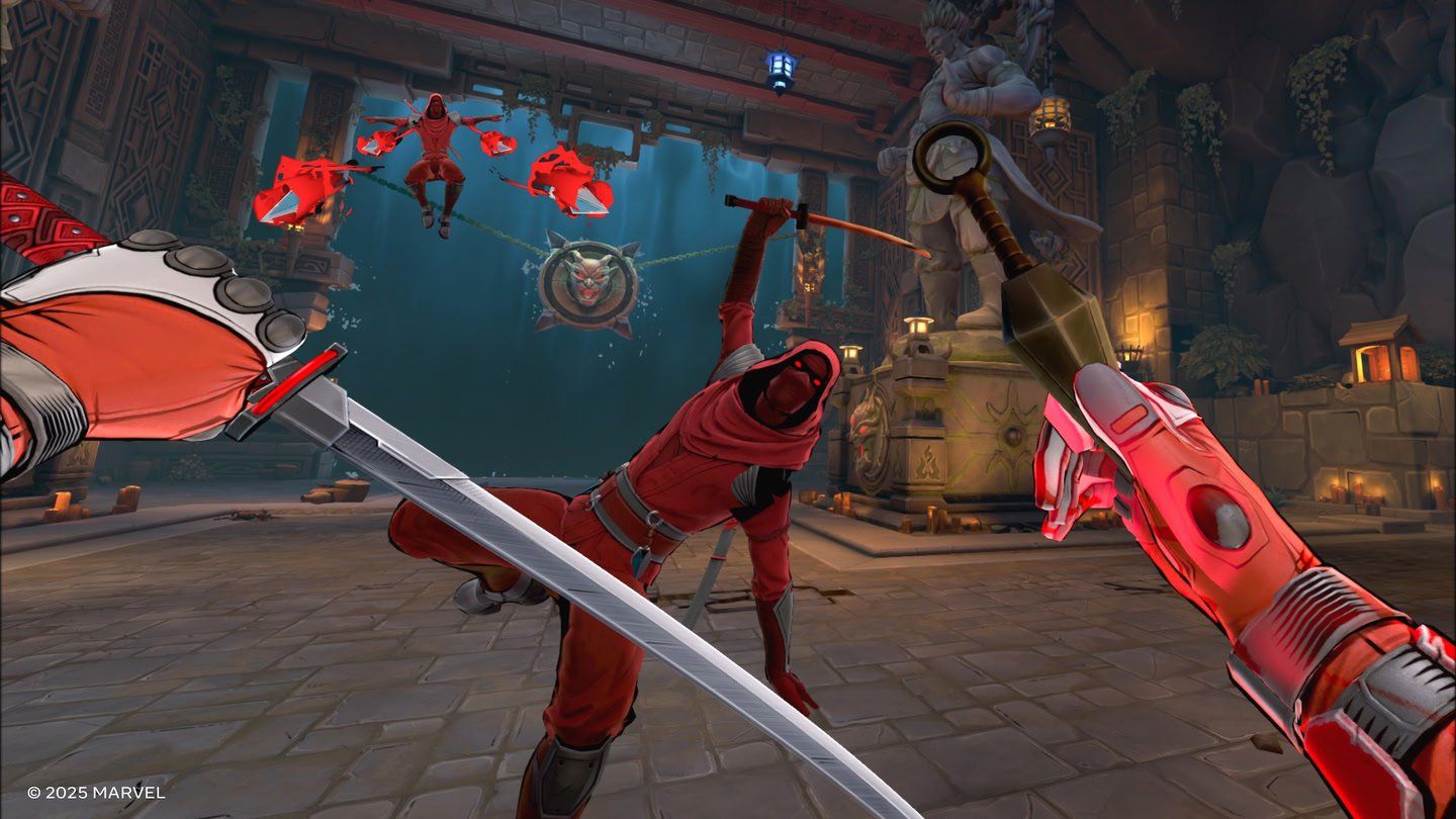 Deadpool holds a katana and a throwing knife while fighting a ninja in Deadpool VR