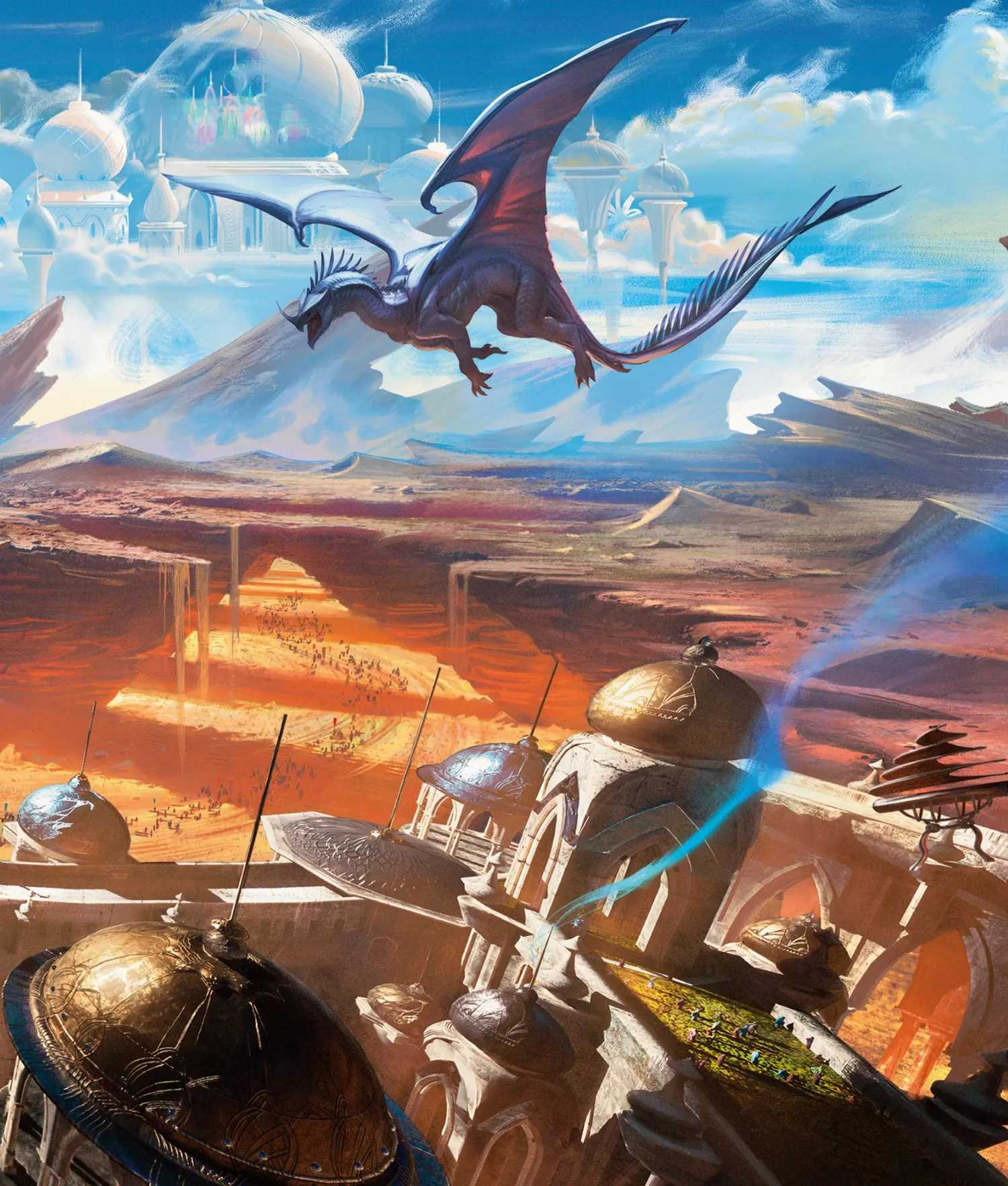 A dragon flies over a city in the desert with a fantastic landscape in the back in artwork from D&D Adventures in Faerun