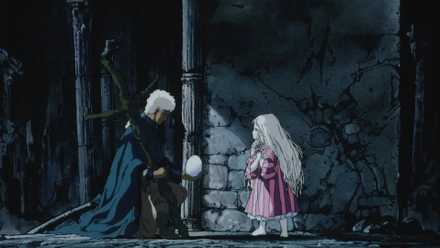 A still from the anime Angel's Egg, showing the girl and boy contemplating her egg