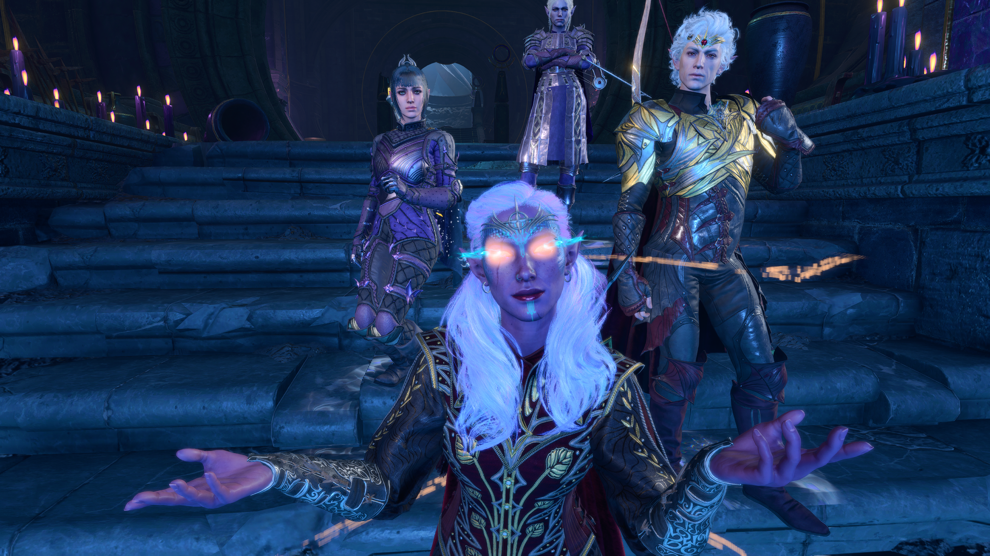 A female Dark Urge Tav faces the camera, eyes glowing, as Astarion, Shadowheart, and Minthara stand behind her.