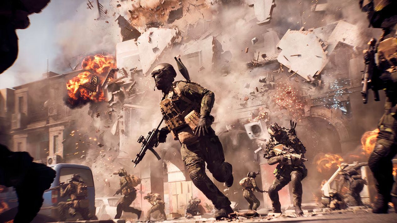 A soldier in Battlefield 6 runs away from a building that's collapsing around them, alongside a number of other classes. 