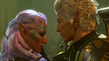 Astarion, a pale, white-haired vampire Elf, caresses the face of the player-character, a Drow-elf.