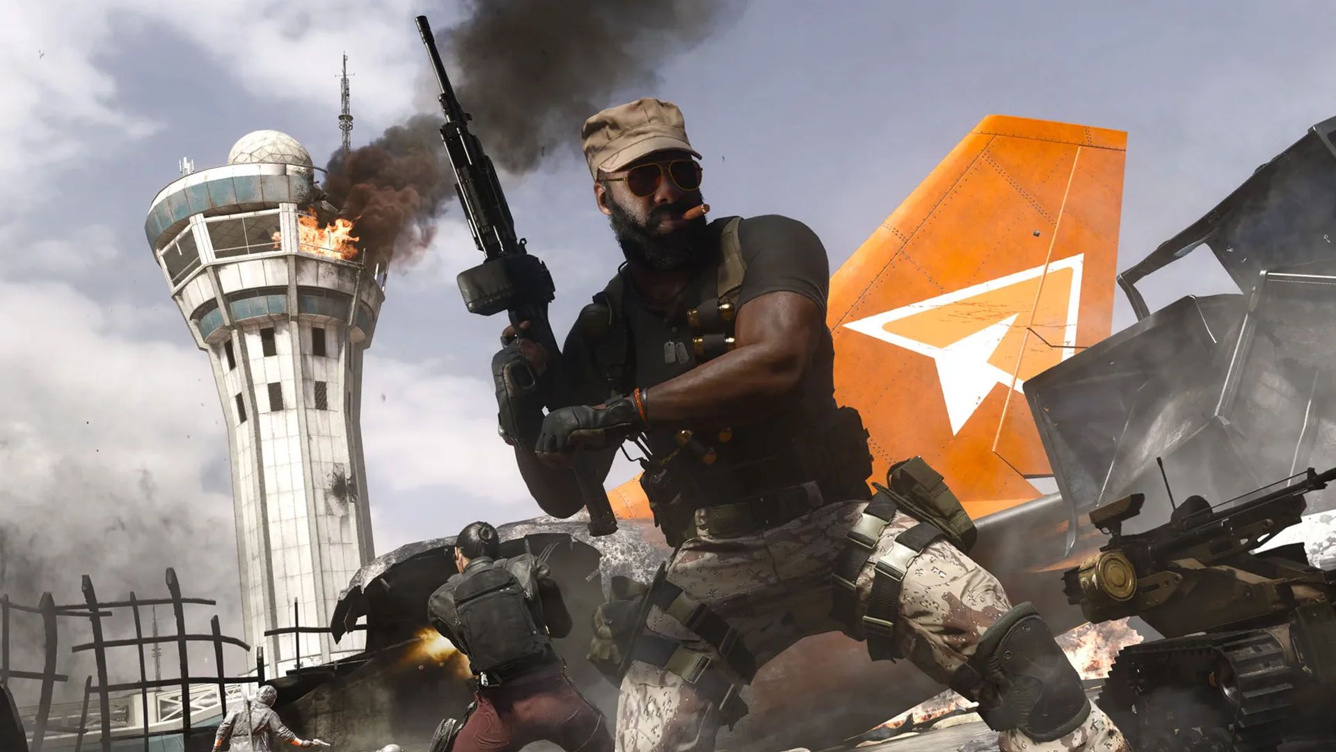 An official Black Ops 6 season 05 imagem showing a soldier, wearing sunglasses, holding a gun next to a destroyed aicraft and smoking a cigar. 