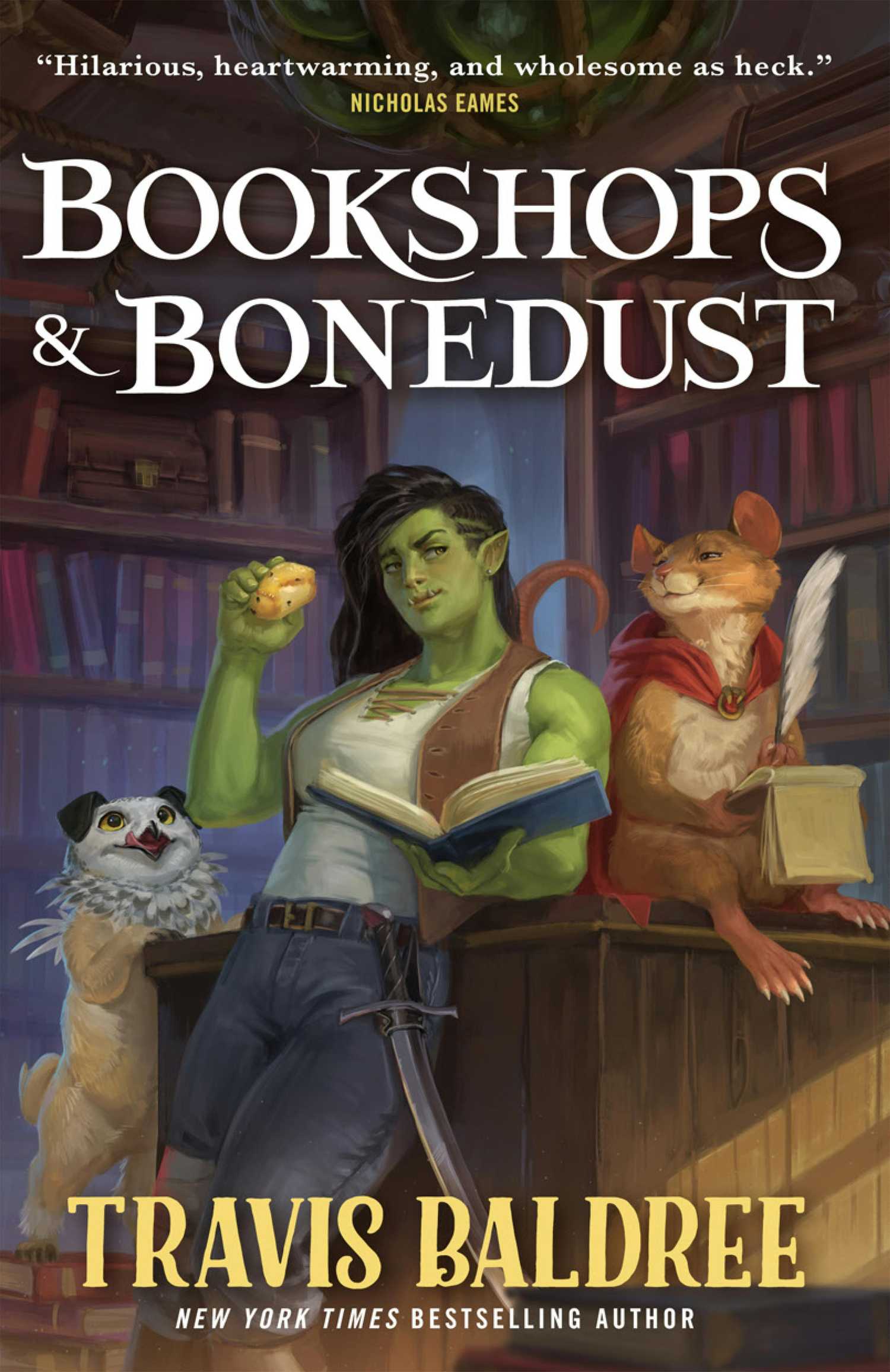 The cover of Travis Baldree's Bookshops & Bonedust, featuring a black-haired female orc holding up an open book and leaning against a bookstore counter, next to a ratkin with parchment and a quill