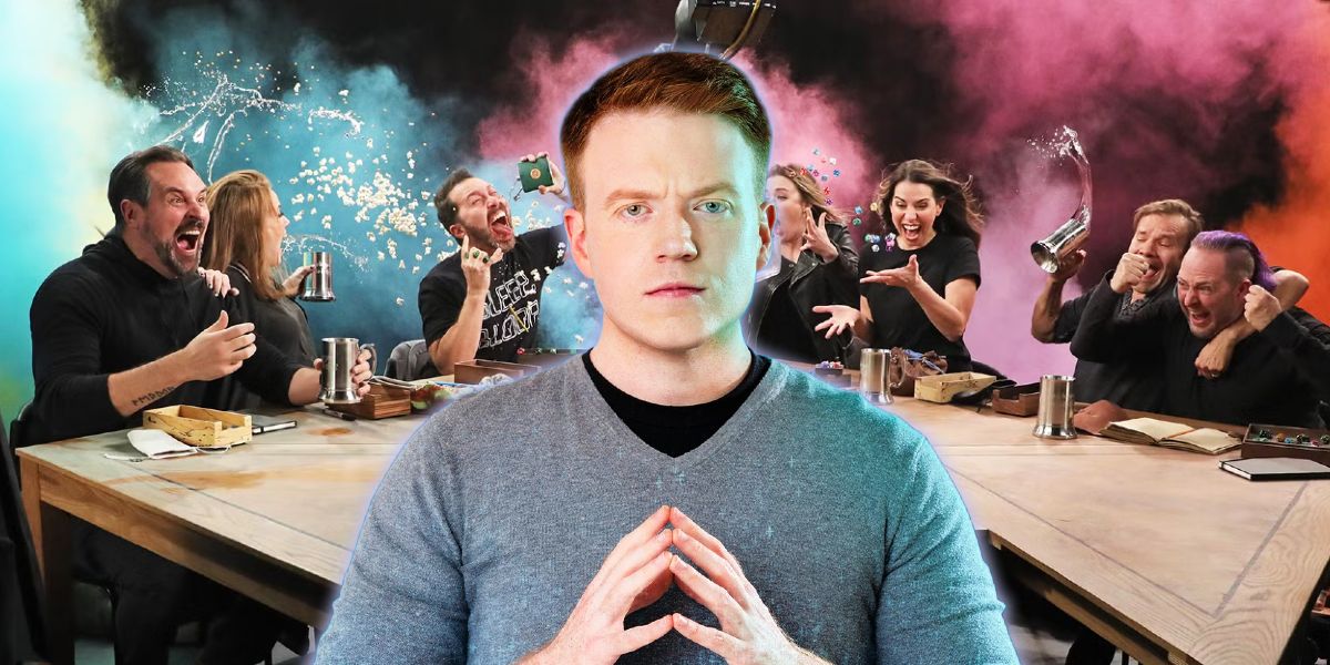 An Brennan Lee Mulligan with the Critical Role crew playing in the background