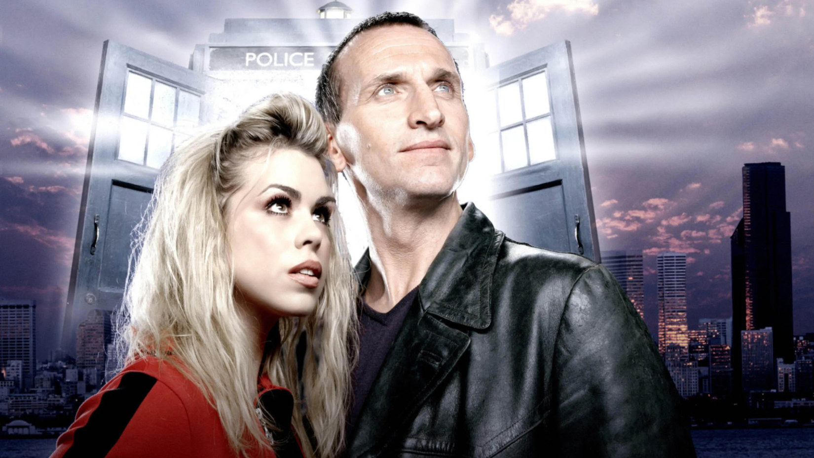 Key art from BBC's Doctor Who 2005. It features Billie Piper as Rose Tyler, a blonde woman with pale skin and green eyes in a red shirt and jacket. She stands alongside Christopher Eccleston, the Ninth Doctor, who wears black leathers.