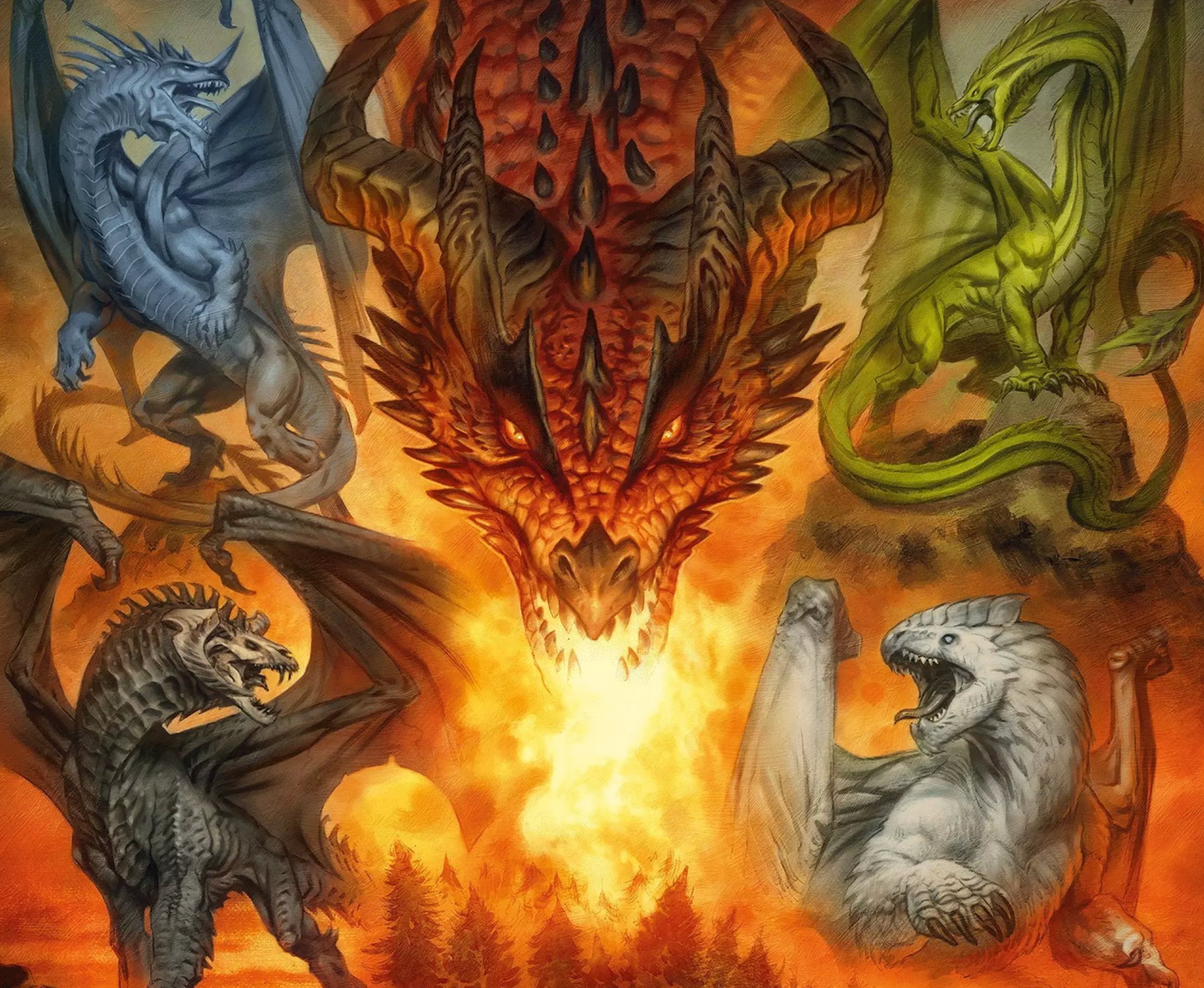 Cover art for Dragon Delves Ultimate Bundle showing multiple dragons attacking a group with skulls in the foreground.
