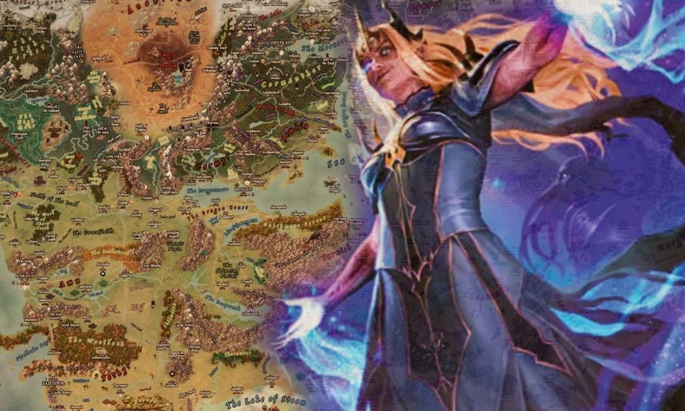 An elven mage casting spells hovering over a map of the Forgotten Realms