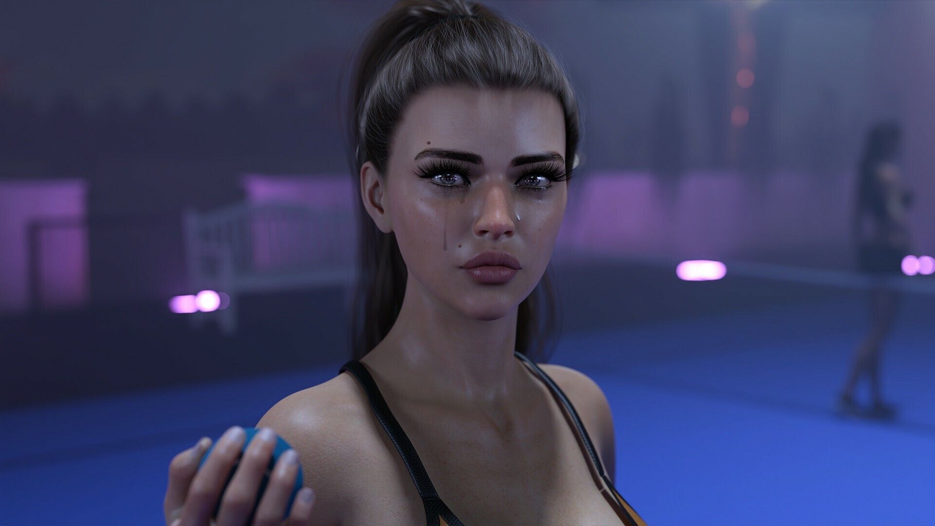 A female character from Summer's Gone, shown crying with her mascara running