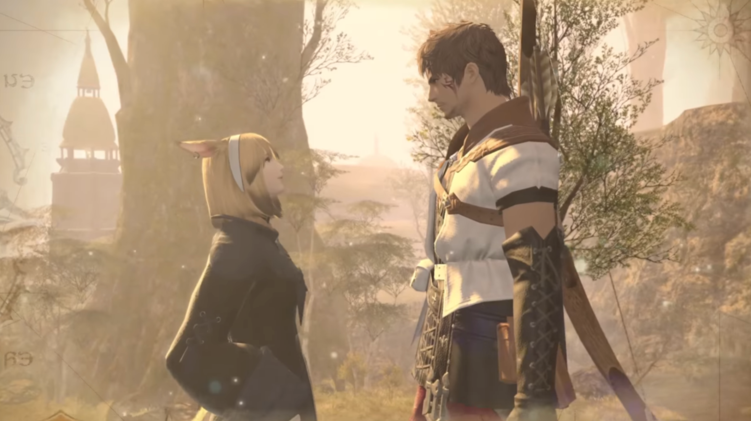 Two video game characters facing each other in Final Fantasy Dad of Light