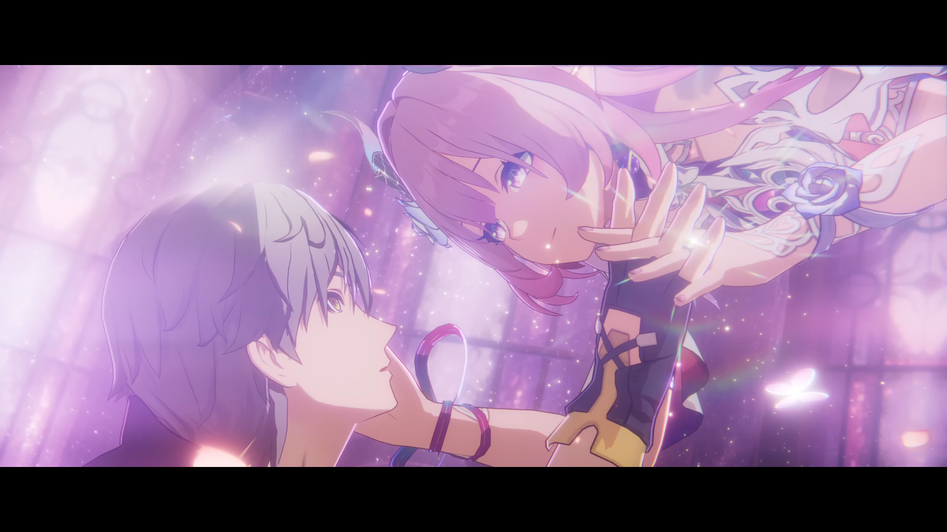 A pink-haired woman floats down and holds the male Trailblazer's hand in Honkai: Star Rail