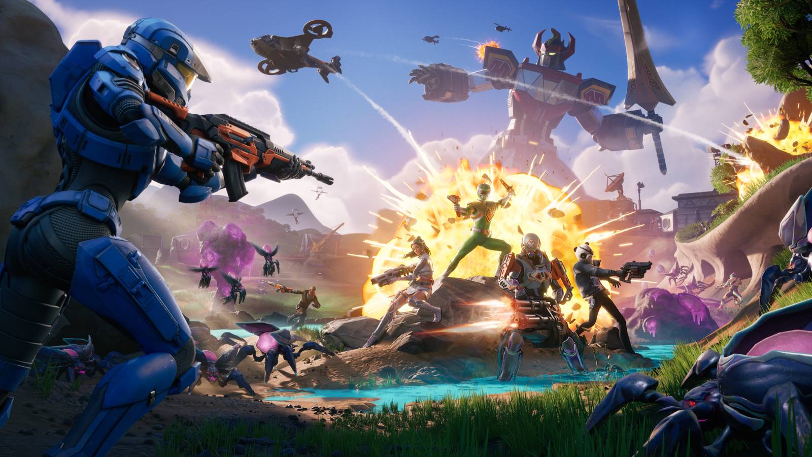 A Halo spartan, the Mighty Morphin Power Rangers, and the Fortnite Chapter 6 Season 4 battle pass skins fighting off a s