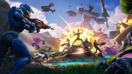 A Halo spartan, the Mighty Morphin Power Rangers, and the Fortnite Chapter 6 Season 4 battle pass skins fighting off a s