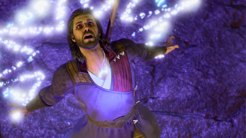 Gale throws his arms out wide, baring his chest that reveals his Netherese mark. A screenshot of Gale from Baldur's Gate 3. 