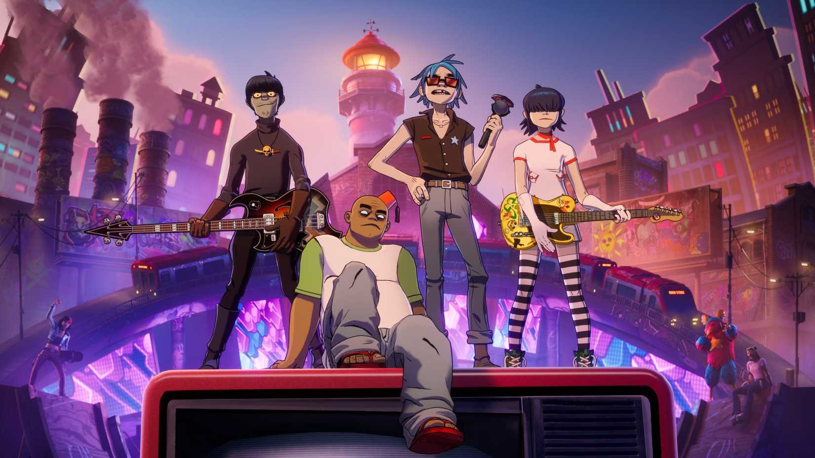 Fortnite के लिए प्रमुख कला में वर्चुअल बैंड Gorillaz के पात्र।