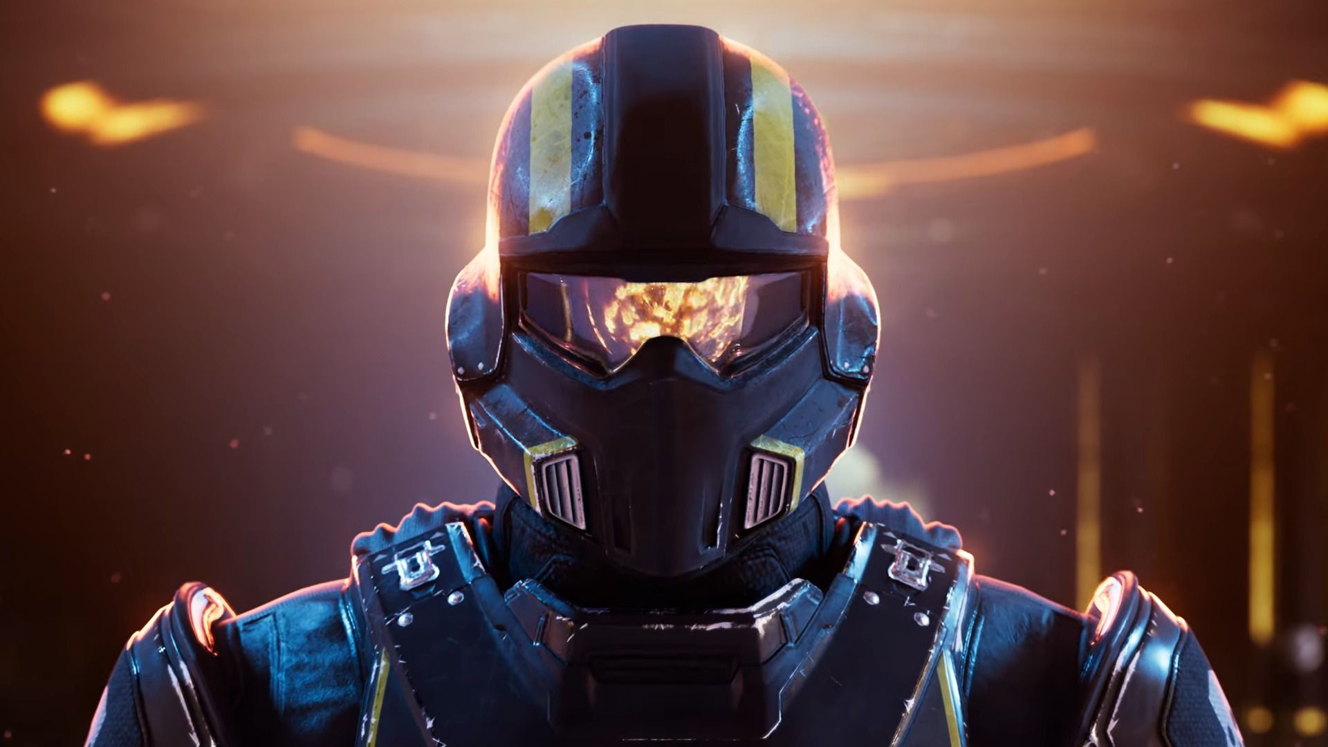 A close-up shot of a Helldiver's face from the Helldivers 2 Bring the Boom trailer