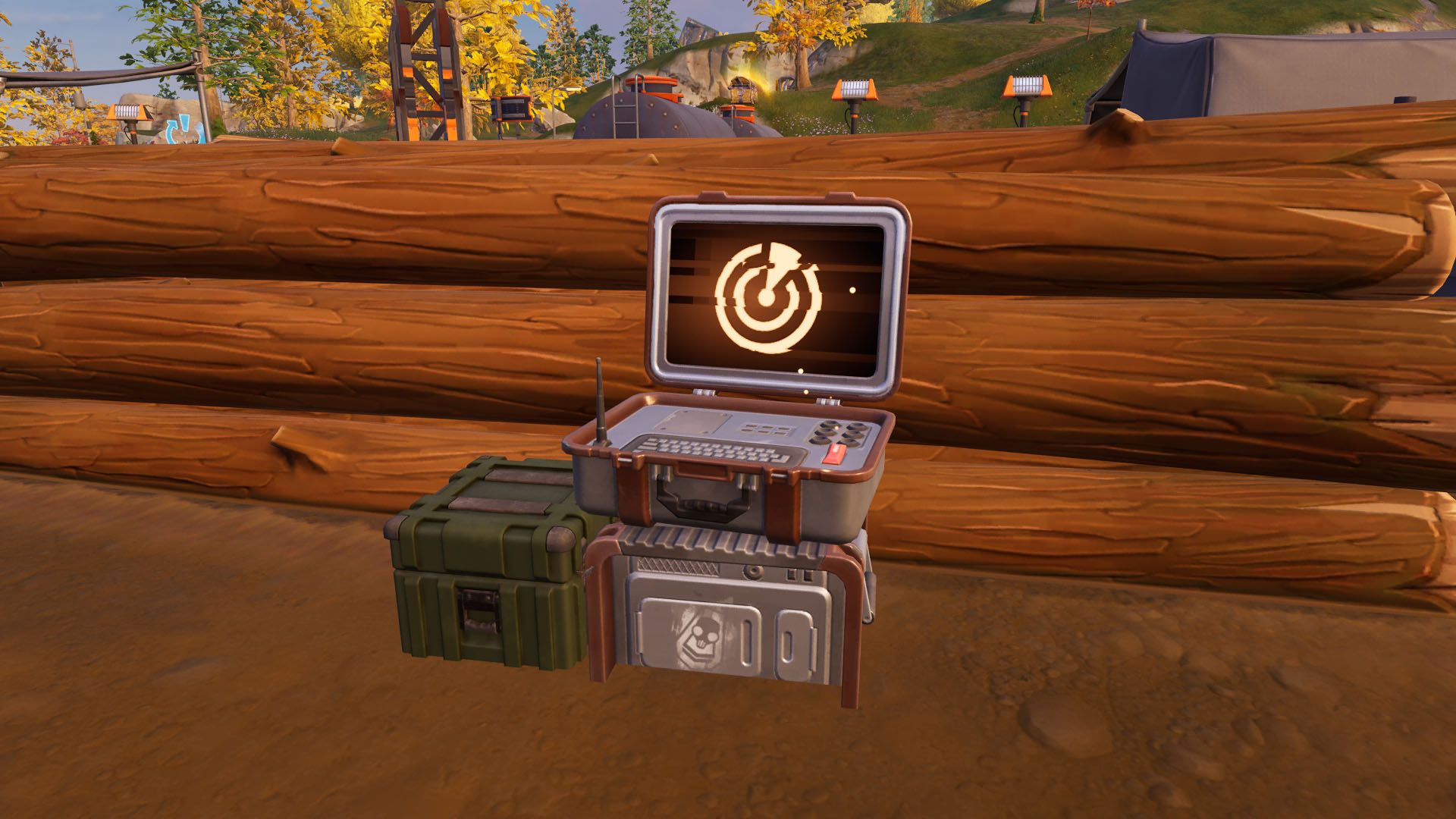 A hunter shadow briefing beside a pile of logs in Fortnite.