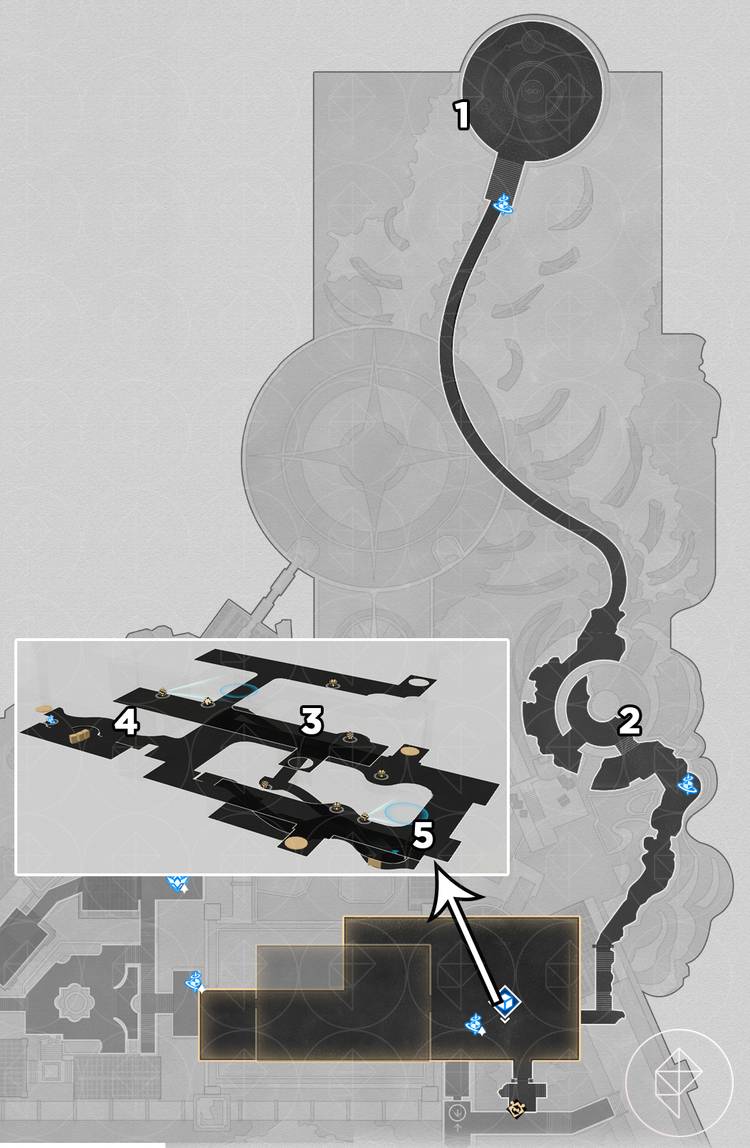 A map of the bottom floor of "Warbling Shores" in Honkai: Star Rail, mapping out where to find five nymphs.