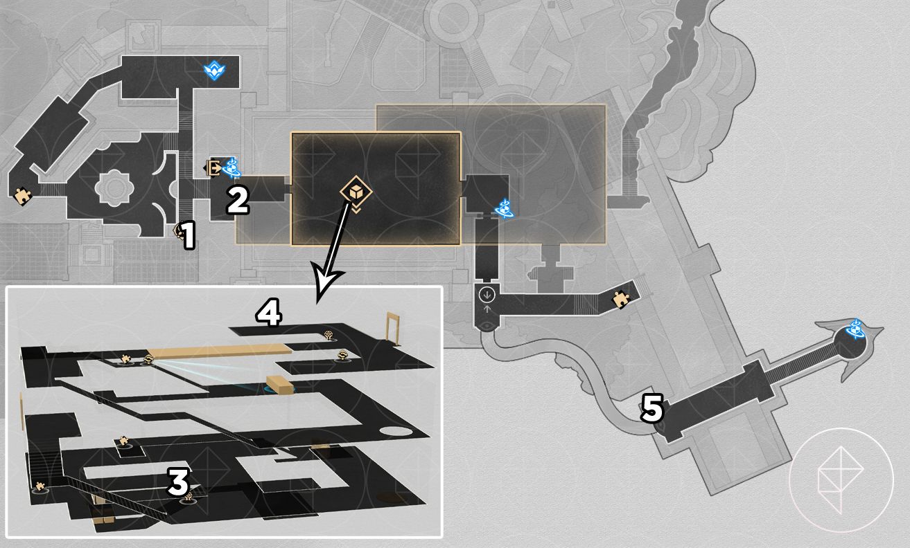 A map of "Warbling Shores" in Honkai: Star Rail showing where to find five nymphs on the top floor.