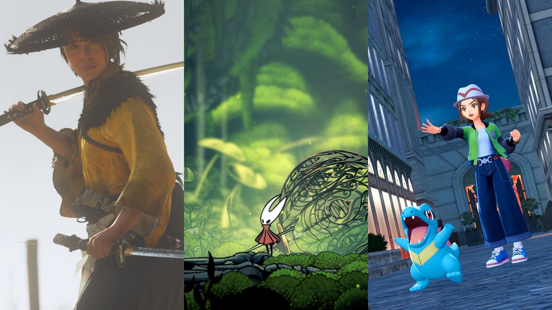 Atsu from Ghost of Yotei, Hornet from Hollow Knight Silksong, and a Pokemon trainer with a Totodile from Pokemon Legends Z-A.