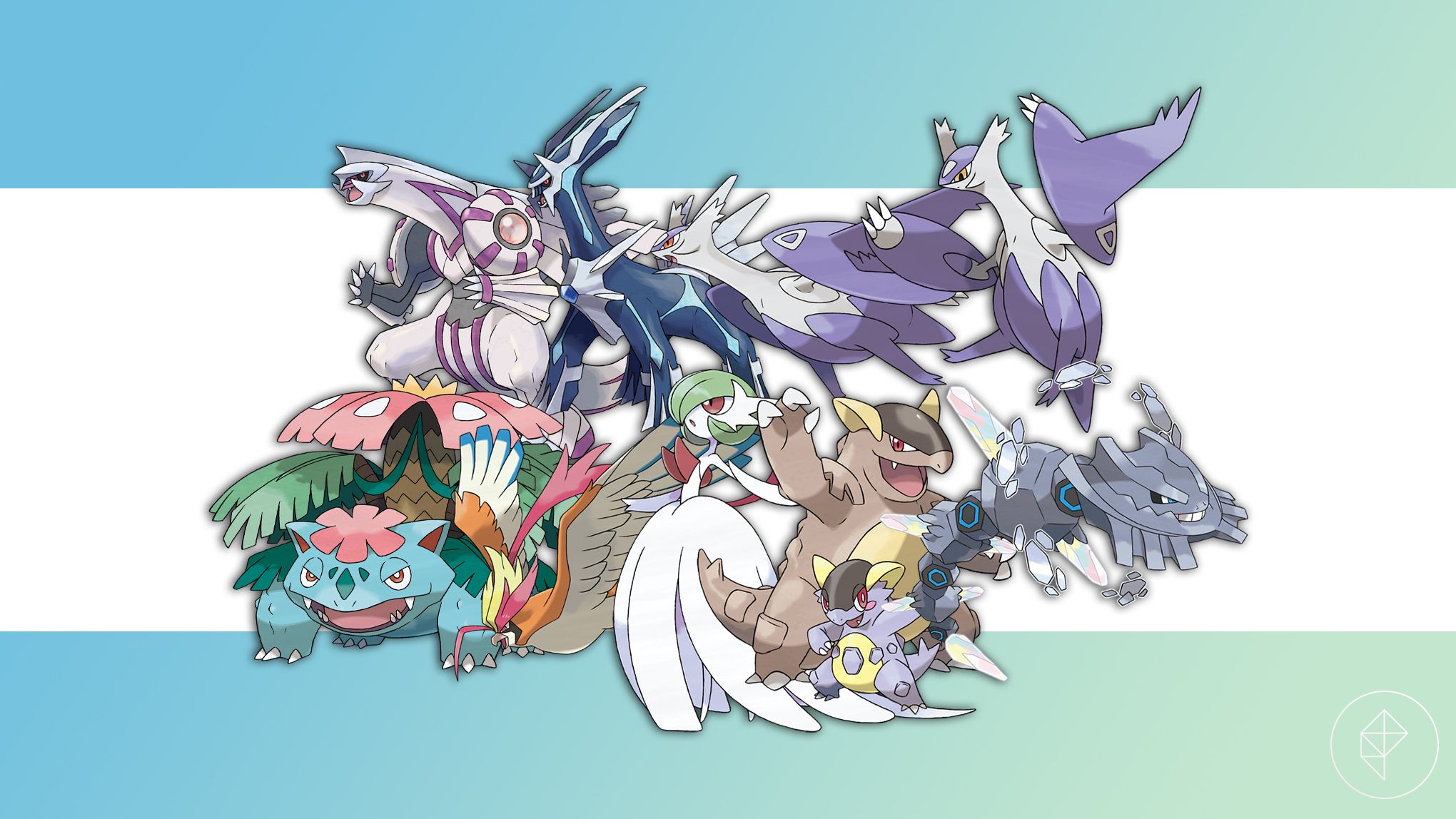 Palkia, Dialga, Mega Latios, Mega Latias, Mega Venusaur, Mega Pidgeot, Mega Gardevoir, Mega Kangaskhan, and Mega Steelix together