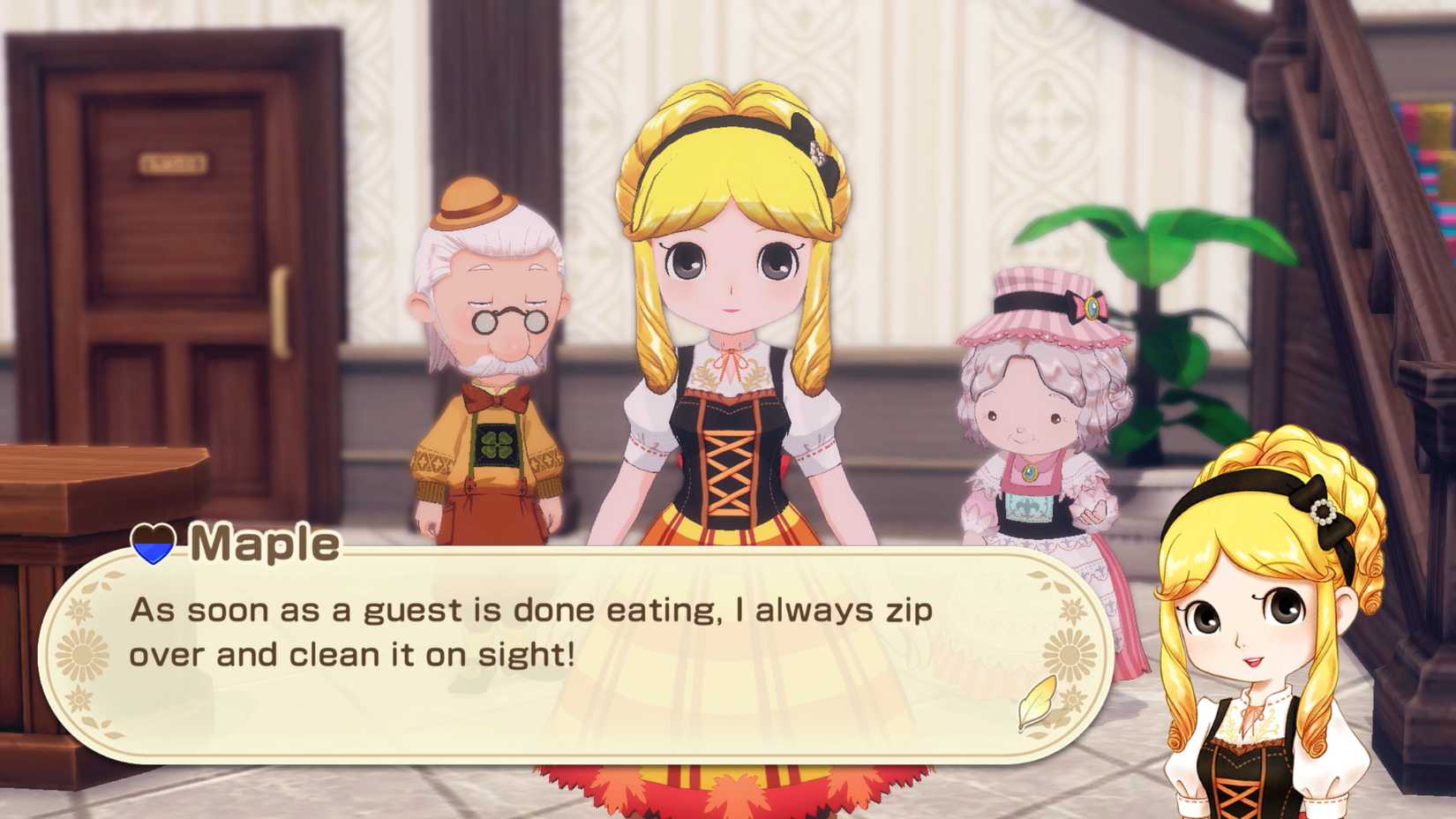 Maple, a girl with blond hair in UPDO, stands in a hotel in Story of Seasons: Grand Bazaar.