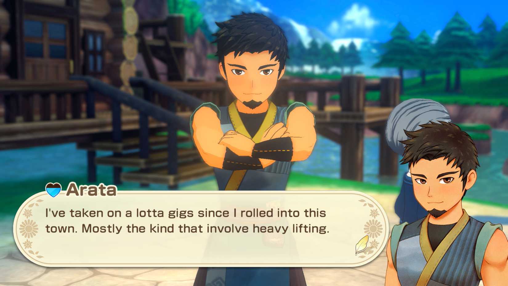 Arata, an asian man with a goatee, stands with his arms crossed in Story of Seasons: Grand Bazaar.