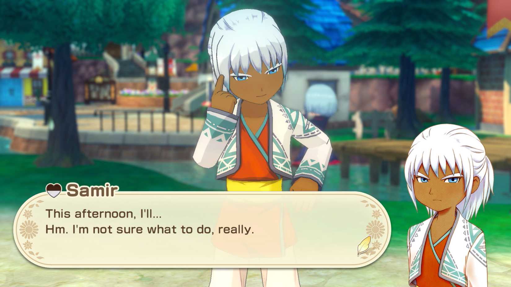 Samir, a light brown man with silver hair, thinks with a finger in the temple in Story of Seasons: Grand Bazaar.