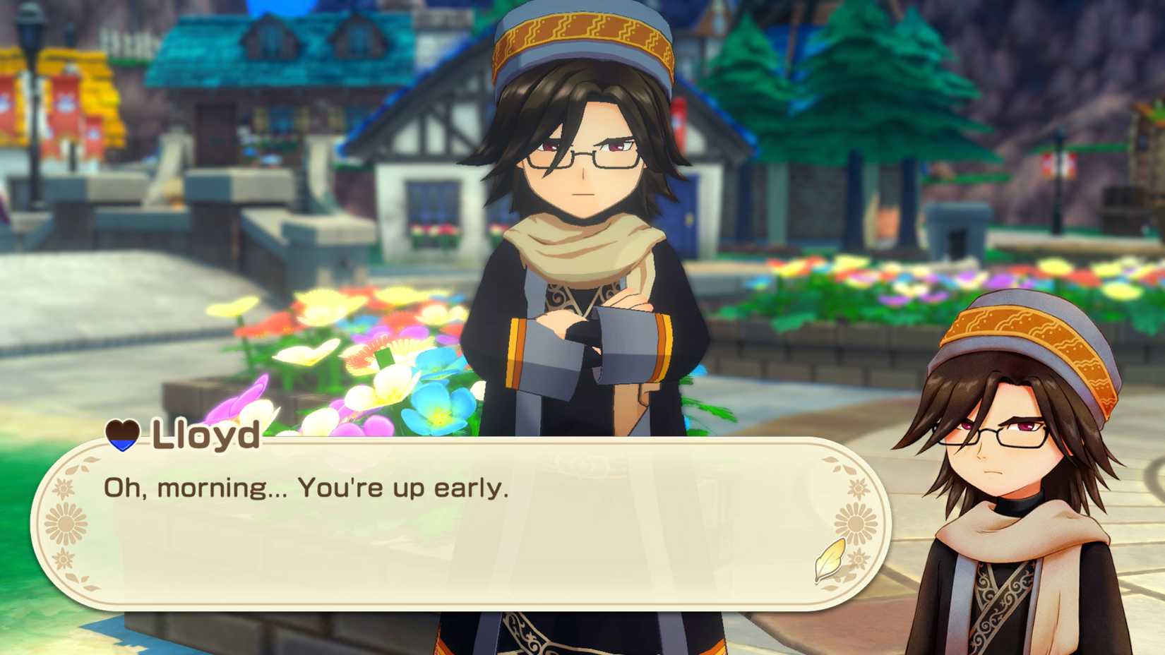 Lloyd, a dark -haired man with glasses and a bathrobe, with his hands crossed in the stories of seasons: Grand Bazaar.