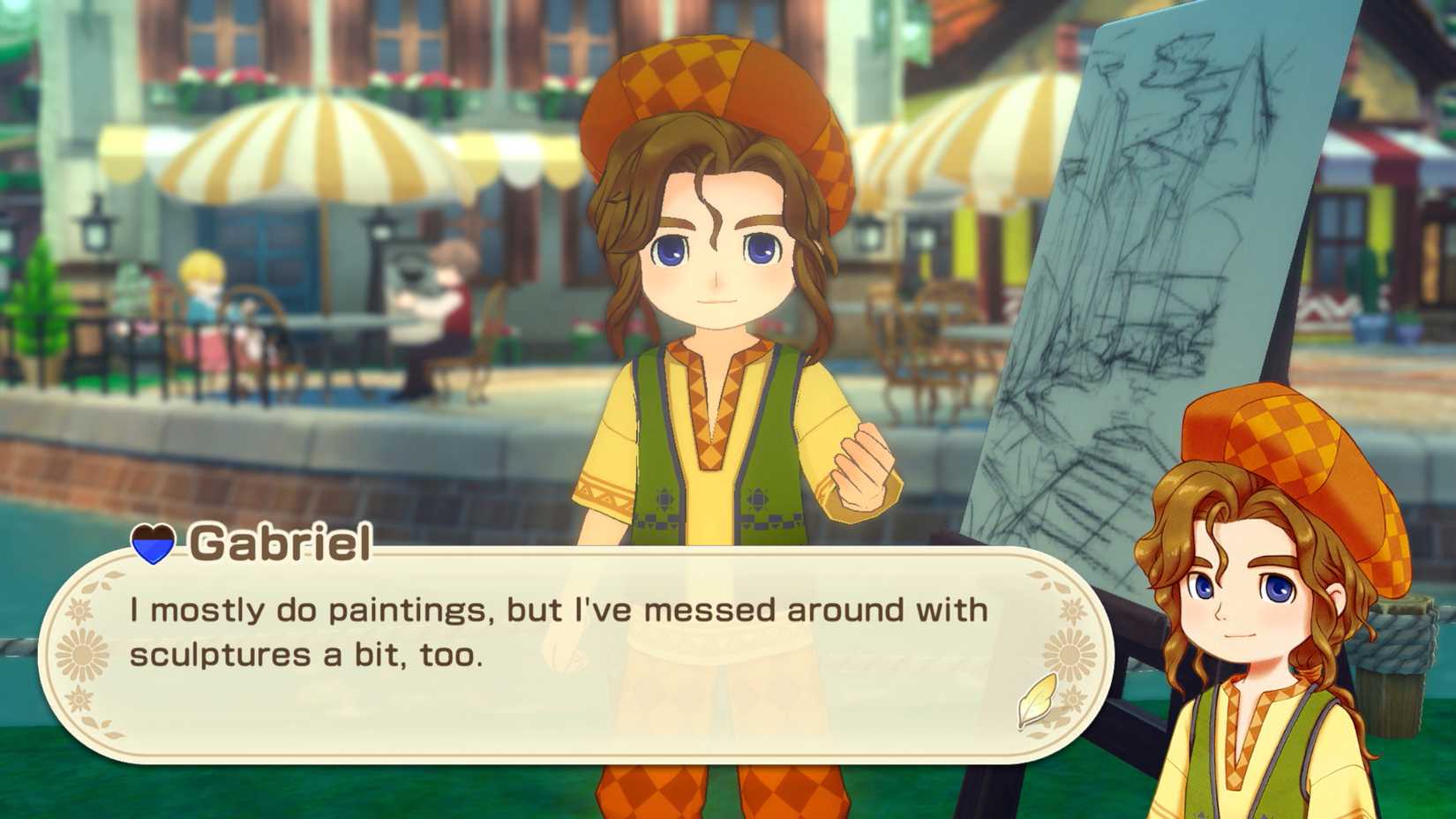 Gabriel, a brown -haired man standing in front of the easel in the middle of the city, in Story of Seasons: Grand Bazaar