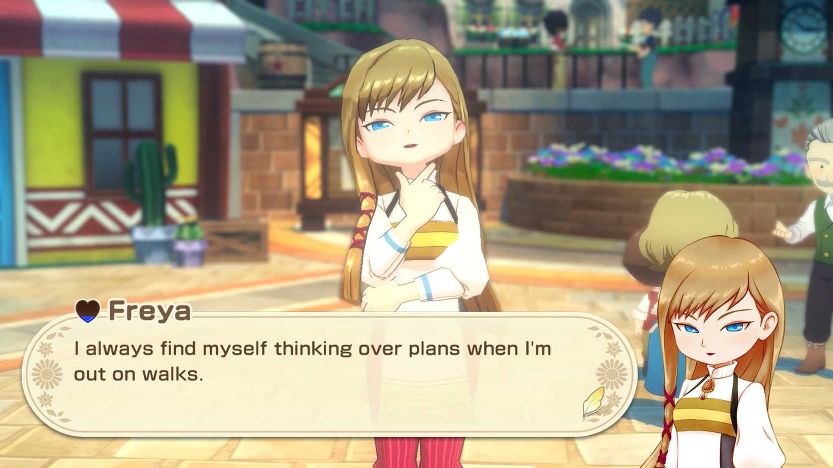 Freya, a woman with long blond hair, thoughts with her hand on the chin, in the stories of seasons: Grand Bazaar.