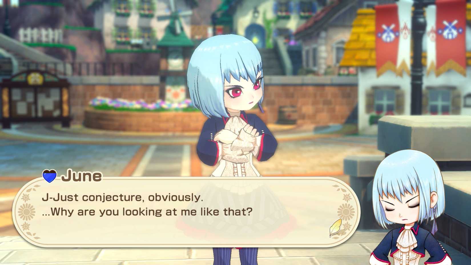 June, a pale girl with light blue hair and red eyes, looks aside in thinking in the stories of seasons: Grand Bazaar.