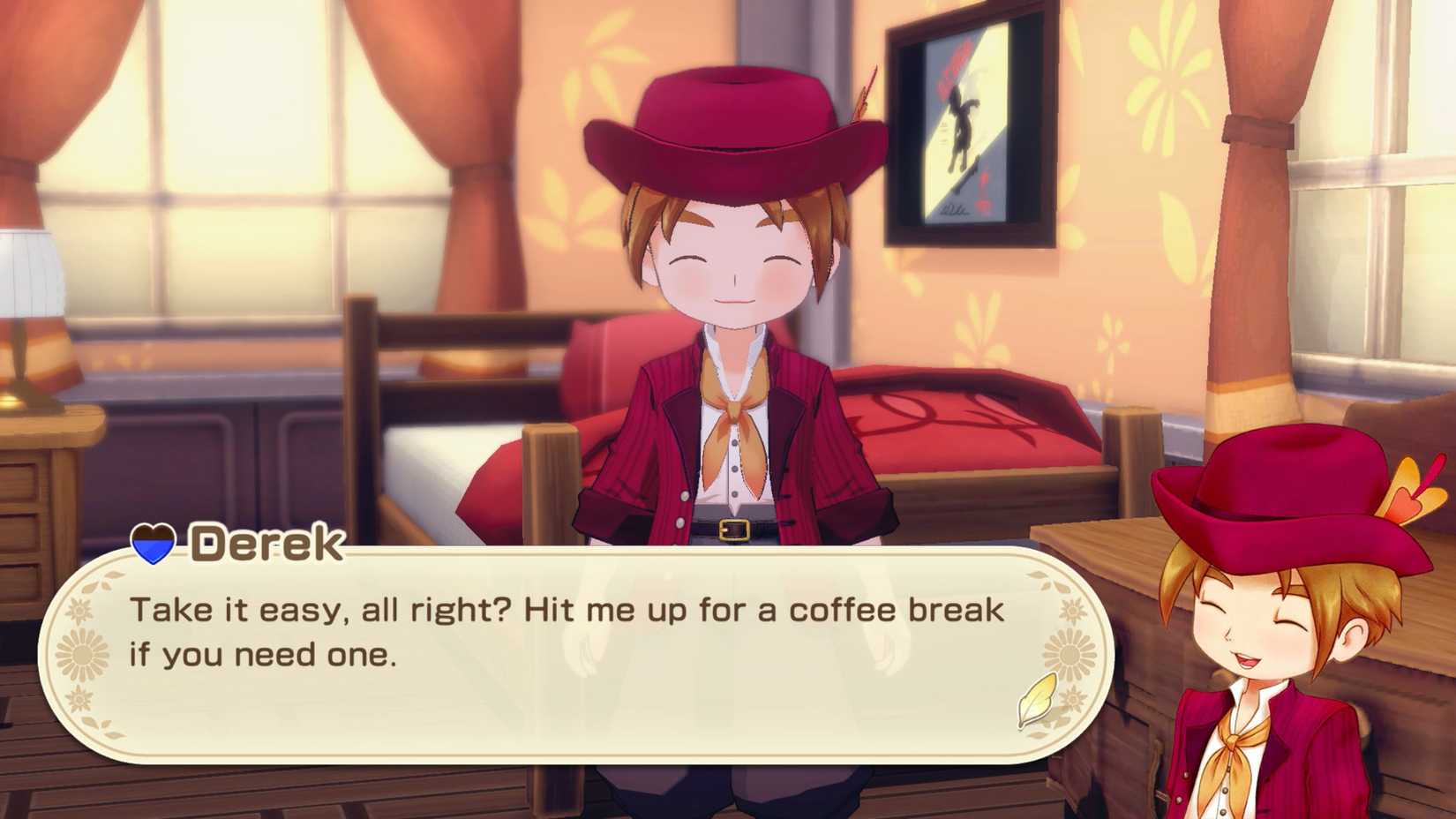 Derek, a man with light brown hair in a red hat, smiles at the player in Story of Seasons: Grand Bazaar.
