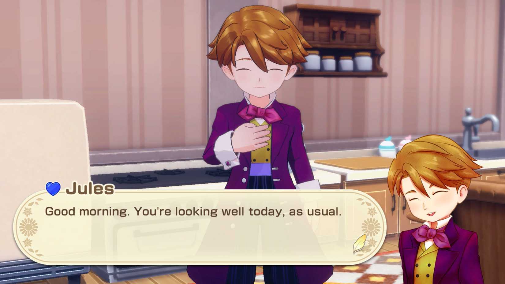 Jules, a man with brown hair in a purple coat, smiles in the history of the seasons: Grand Bazaar