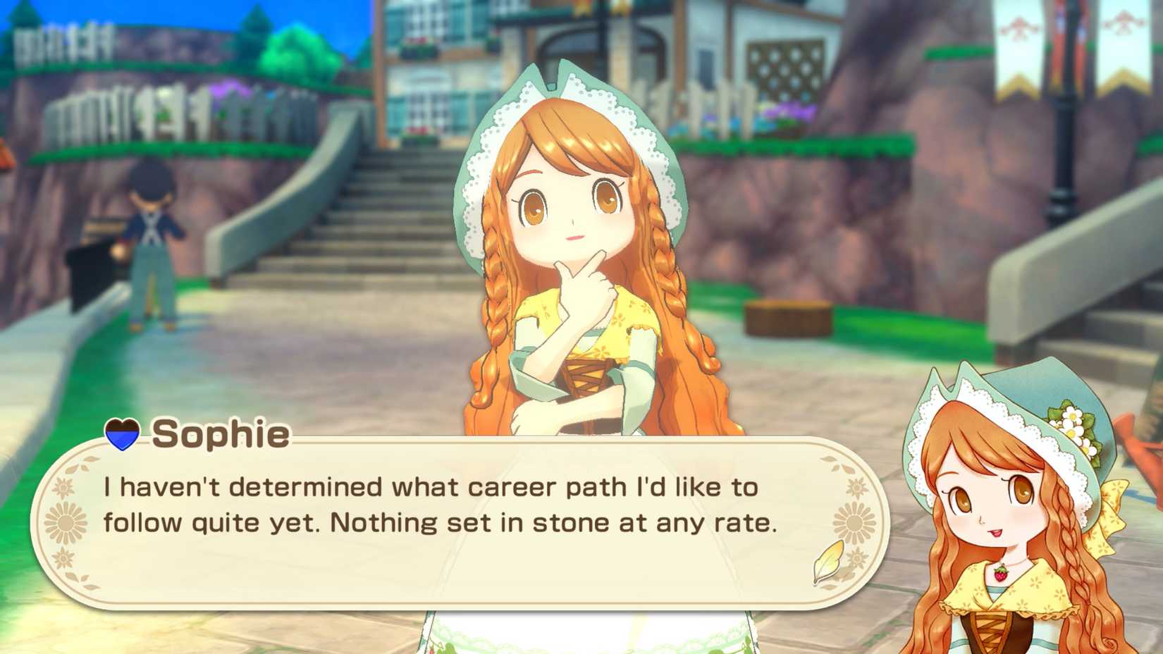 Sophie, a girl with long red hair, puts a hand on the chin to think in the history of the seasons: Grand Bazaar.