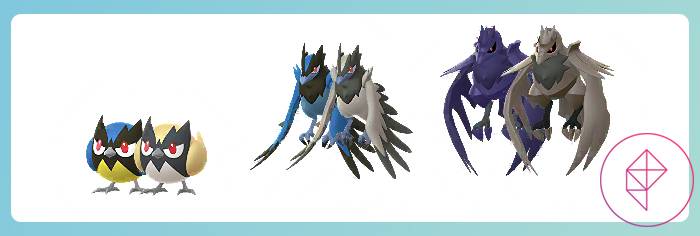 Shiny Rookidee, Corvisquire, and Corviknight with their regular forms. Shiny Rookidee is yellow, and the other two evolutions turn silver.