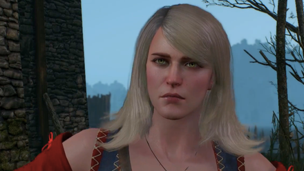 Keira Metz from The Witcher 3. She has light blonde hair and a scowl on her face. .Screenshot from The Witcher 3.
