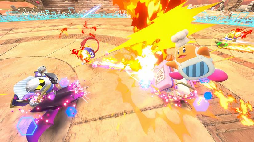 Kirby Air Riders: airborne vehicles clash in a city trial battle.