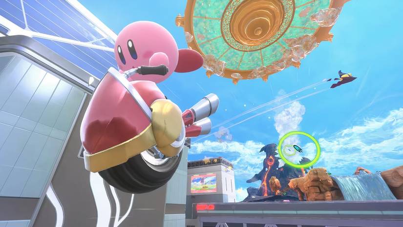Kirby rides a tire bike in Kirby Air Riders.
