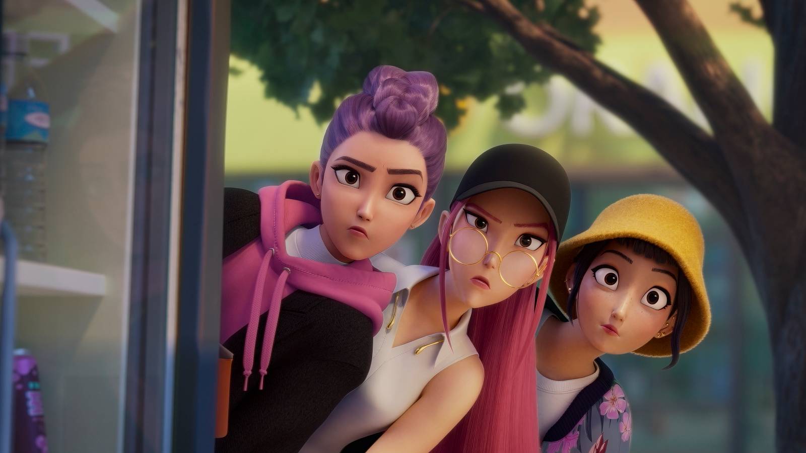 Three young women peek out from behind a screen. All three are in disguises. Screenshot from Netflix's KPop Demon Hunters.