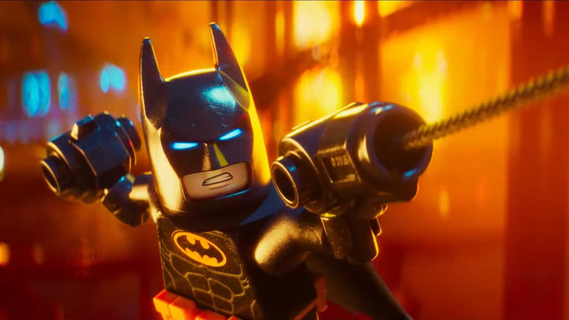 Lego Batman shooting a grappling gun in the 2017 film.