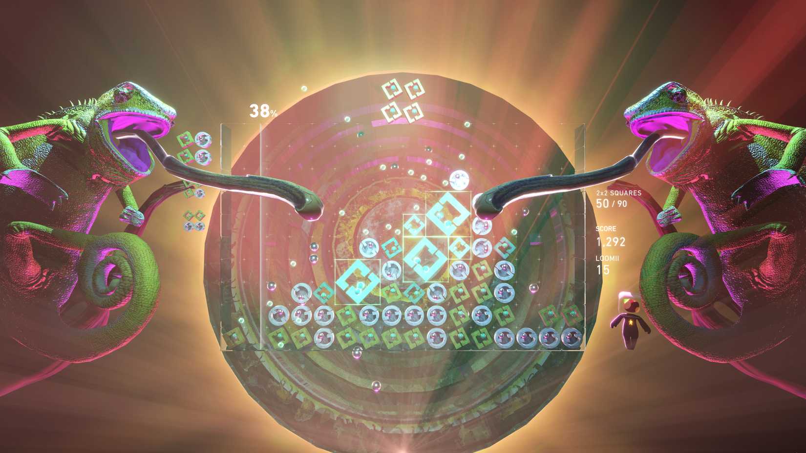 A screenshot from Lumines Arise featuring a puzzle board flanked by two Chameleons