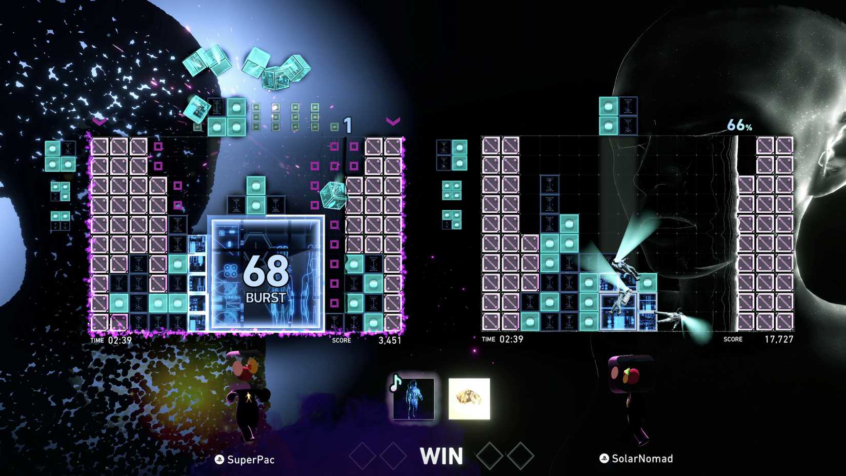 A multiplayer screenshot of Lumines Arise