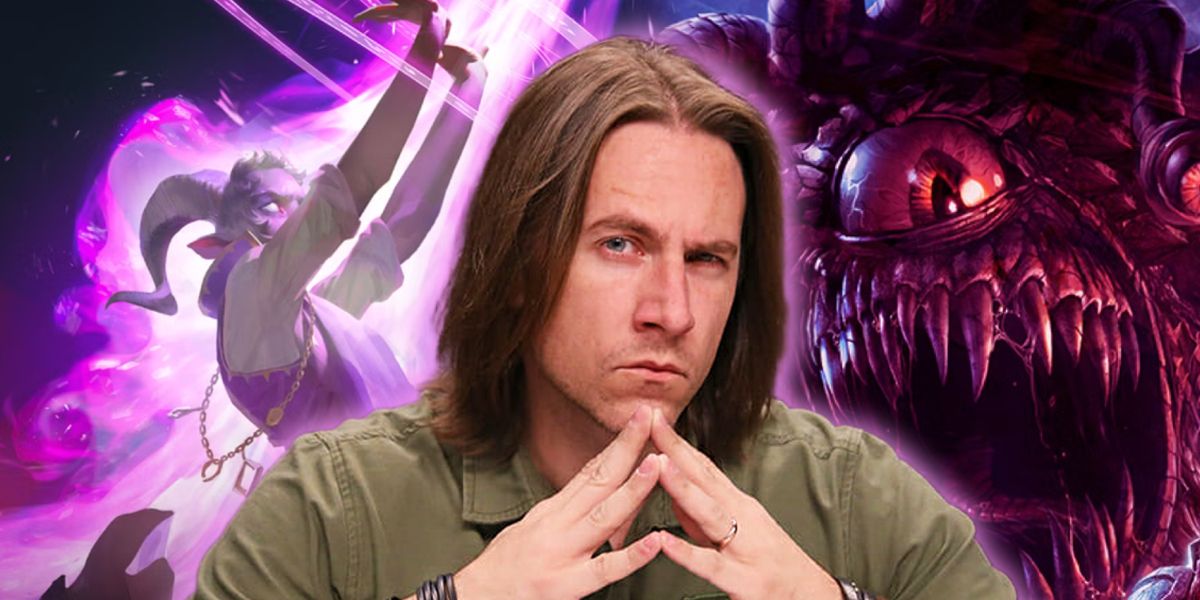 Matthew Mercer with his fingertips touching standing in front of an image of D&D andDaggerheart