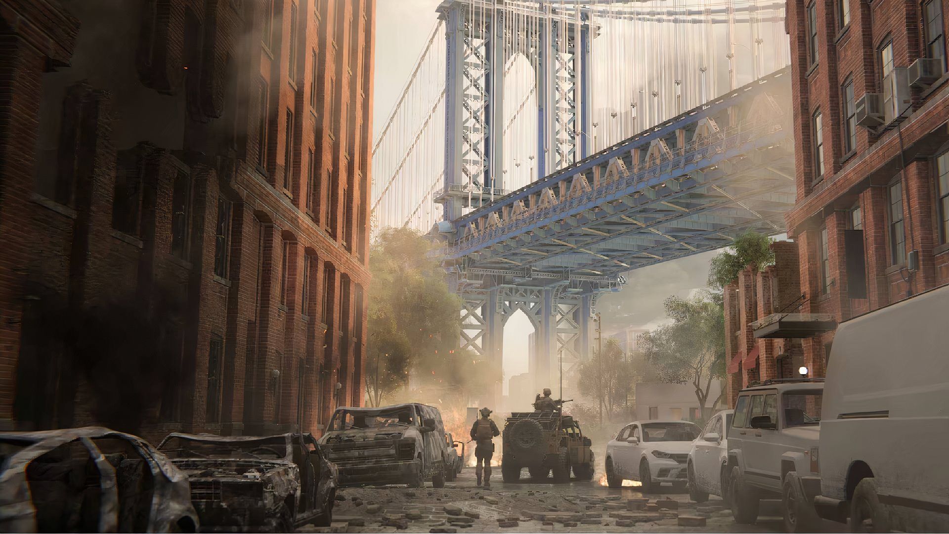 A screenshot of a small platoon of soldiers strolling threw a battle zone.