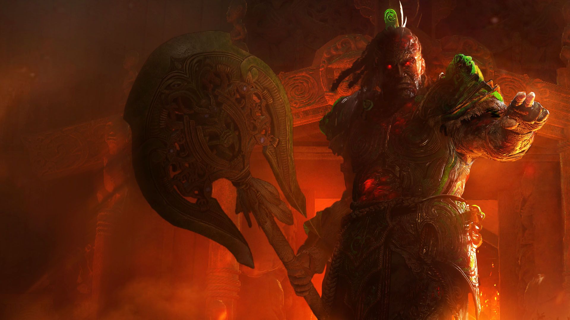 The key art of Path of Exile 2 The Third Edict update showing a character with red-gloqing eyes and holding a giant axe.