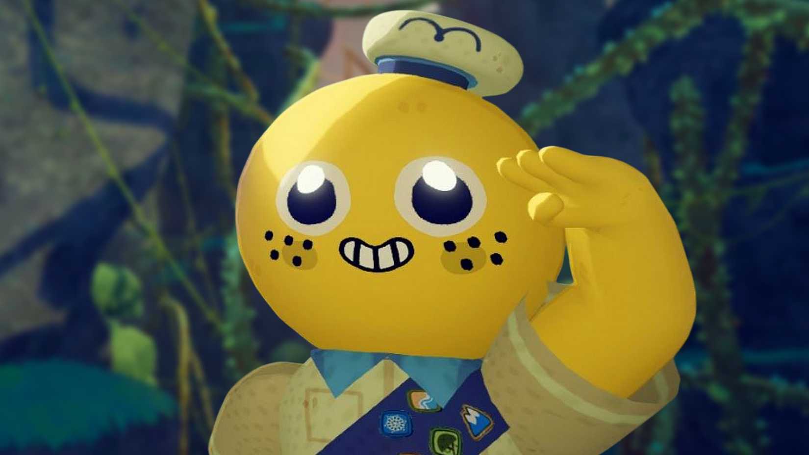 A smiley yellow man salutes in Peak