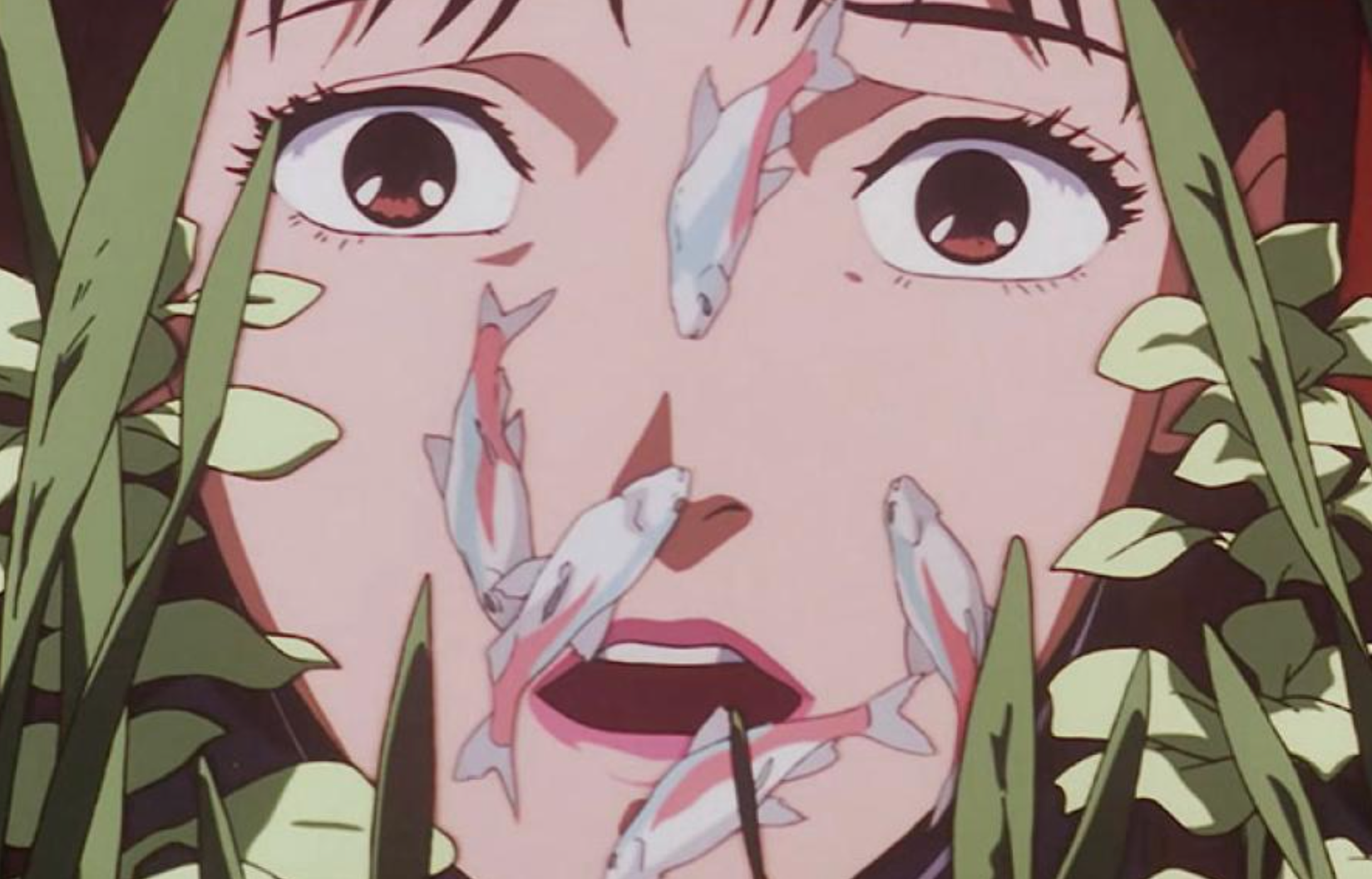 An image from Perfect Blue of the protagonist looking into a tank of fish with a concerned look on her face.
